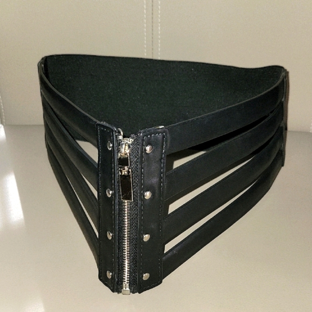 Stretch Belt: Express Black Faux Leather with Silver Zipper Closure Size S/XS